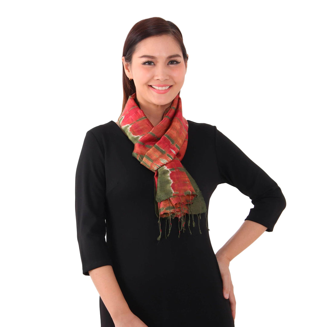 Tie-Dyed Silk Scarf in Claret and Avocado from Thailand - Macaw Colors