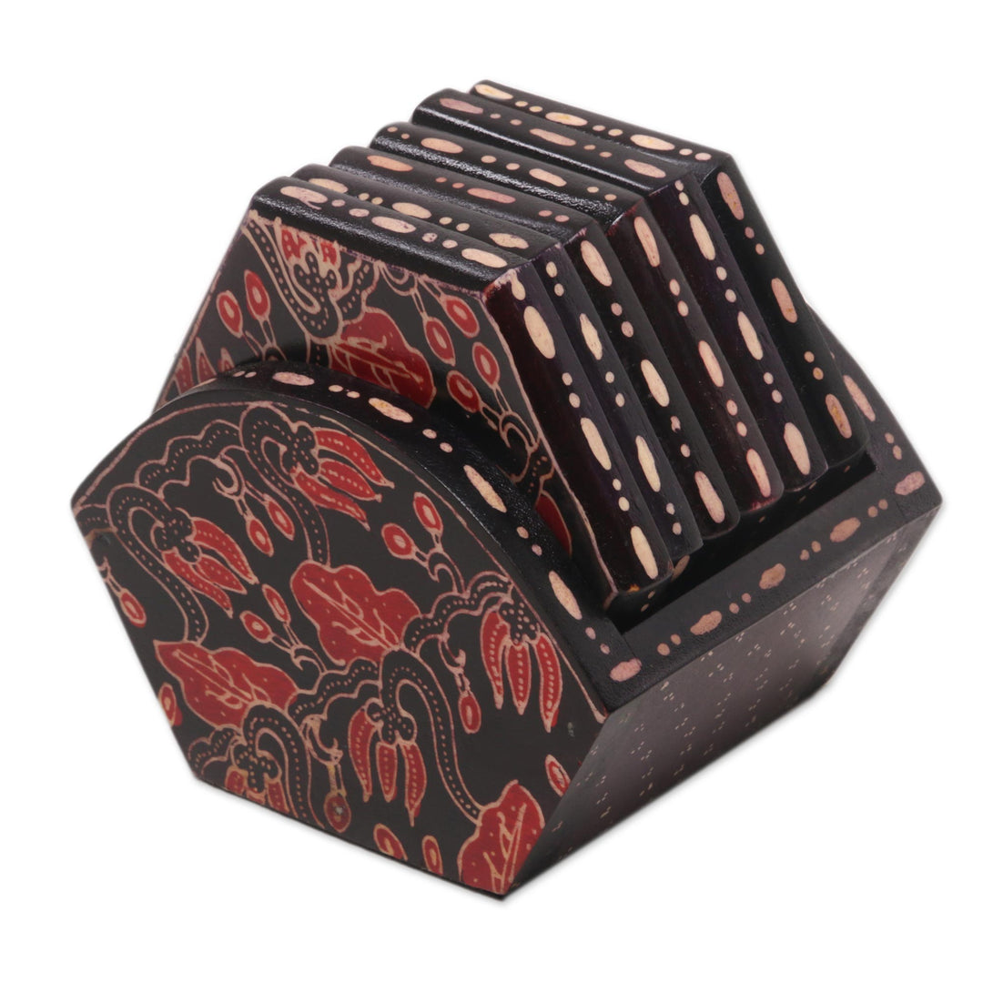 Handcrafted Wood Batik Coasters from Indonesia (Set of 6) - Kembang Memory