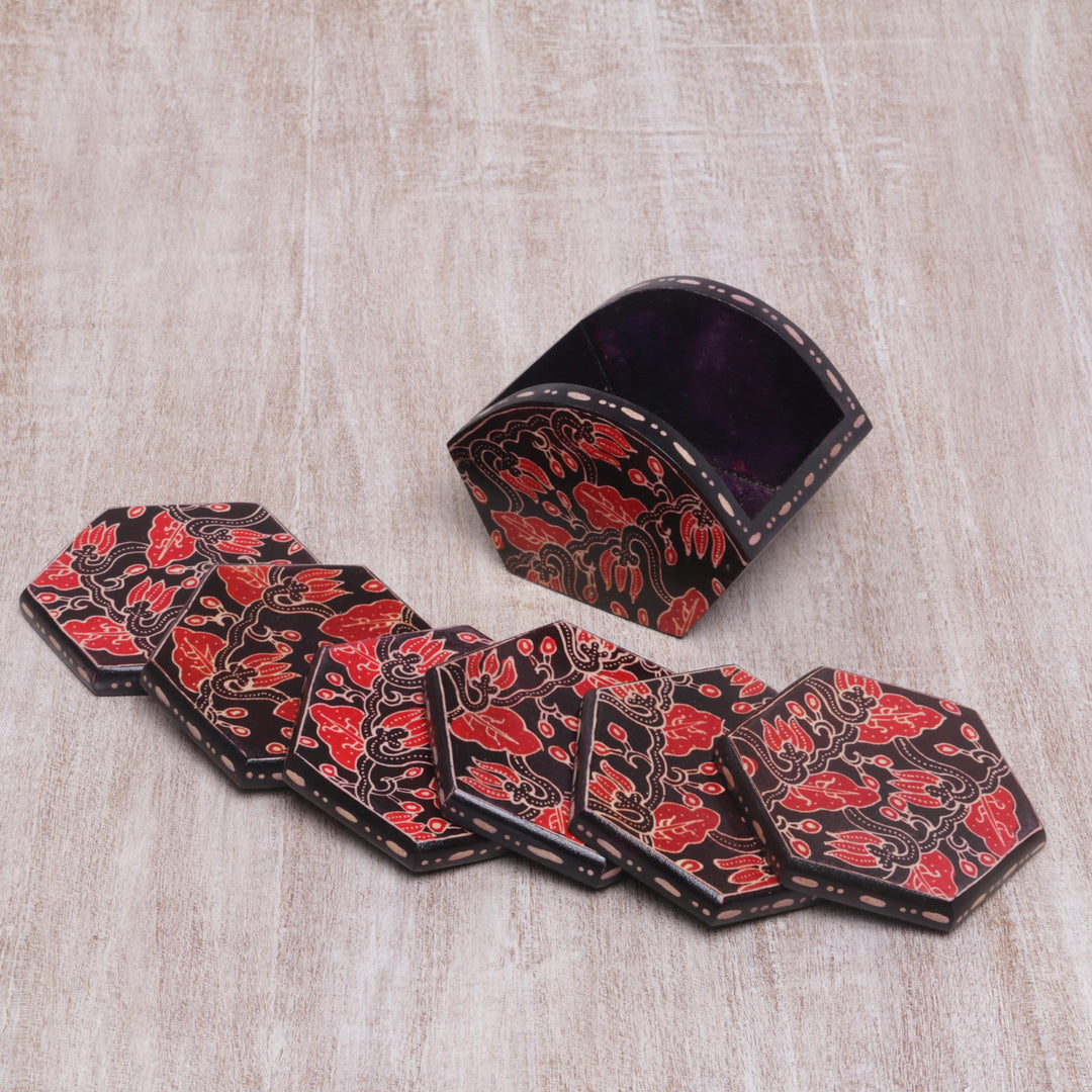 Handcrafted Wood Batik Coasters from Indonesia (Set of 6) - Kembang Memory