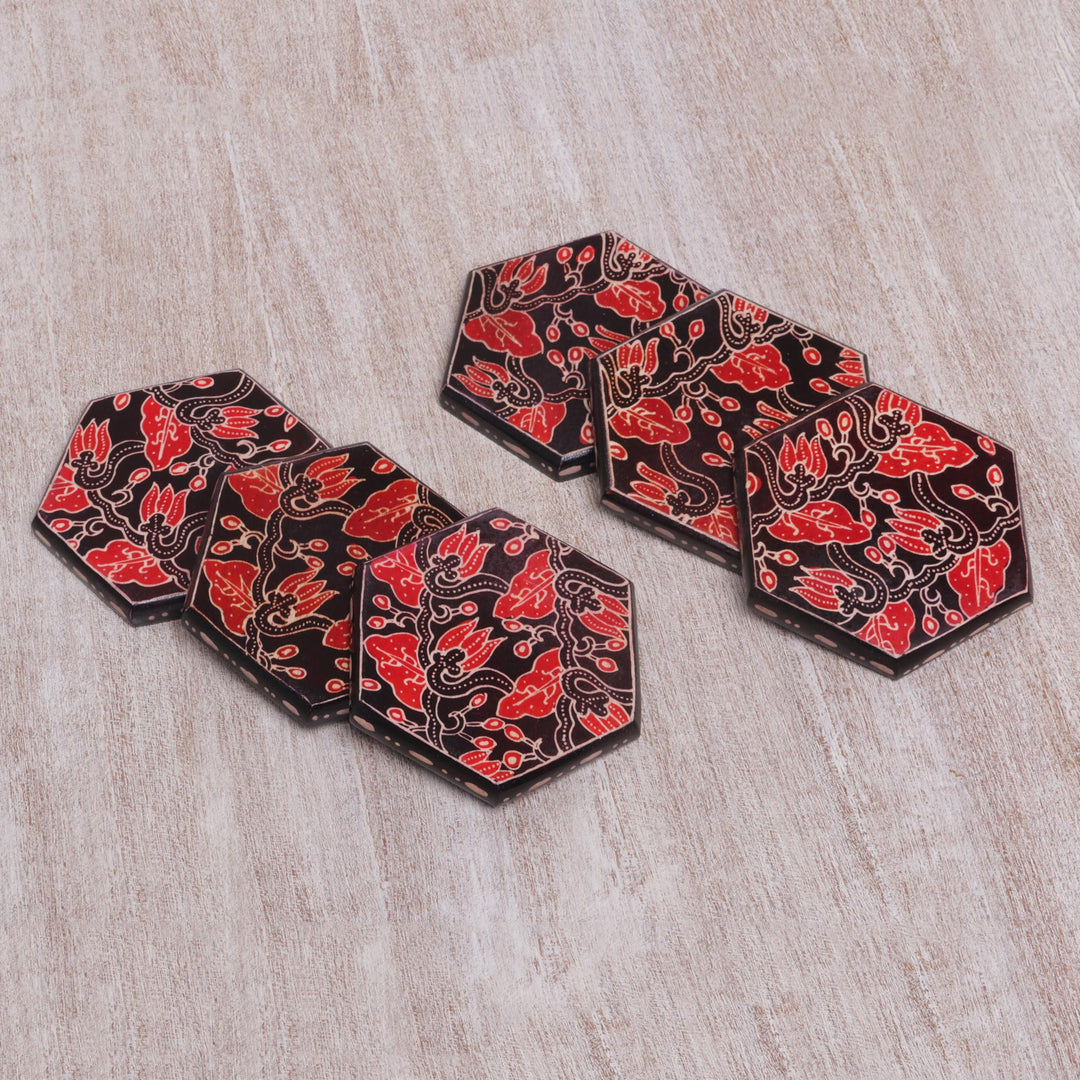 Handcrafted Wood Batik Coasters from Indonesia (Set of 6) - Kembang Memory