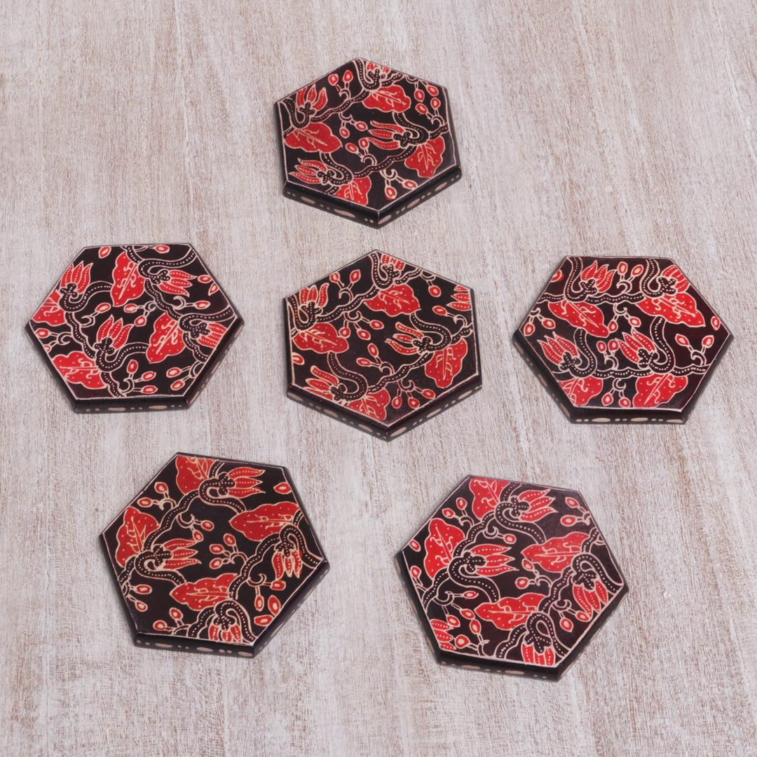 Handcrafted Wood Batik Coasters from Indonesia (Set of 6) - Kembang Memory