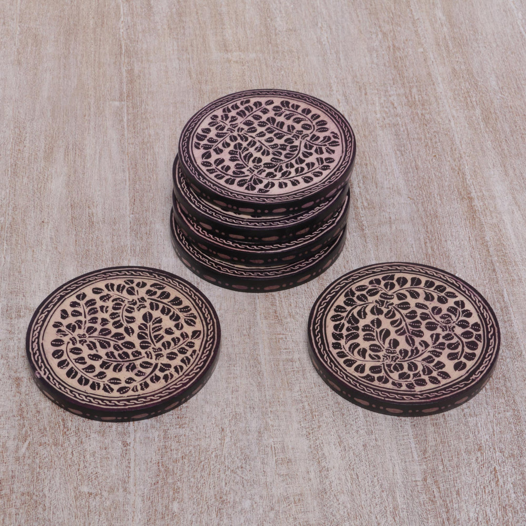 Indonesian Cream and Black Wood Batik Coasters (Set of 6) - Paddy Harvest