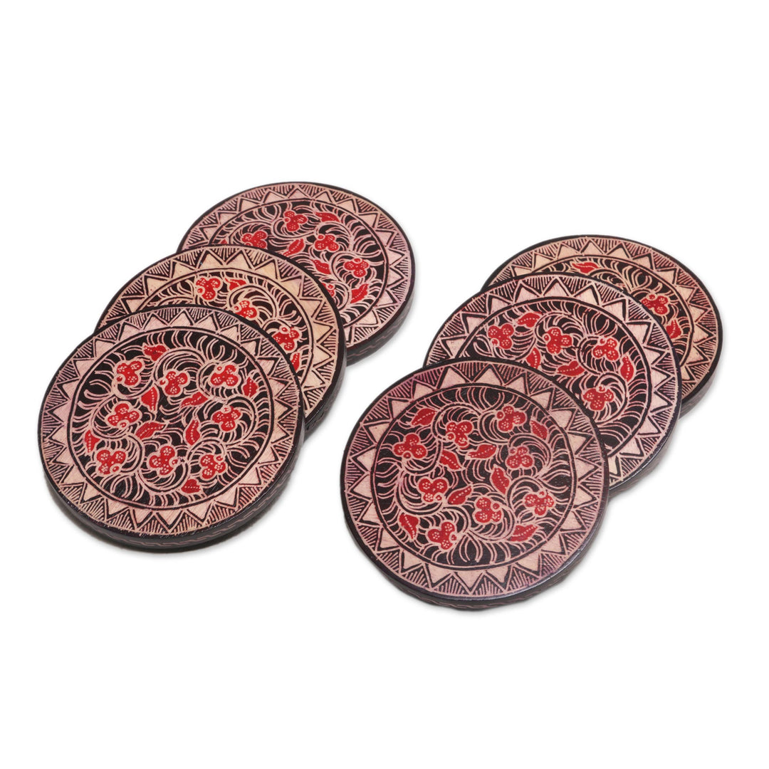 Hand Stamped Wood Batik Coasters from Java (Set of 6) - Phoenix Flowers