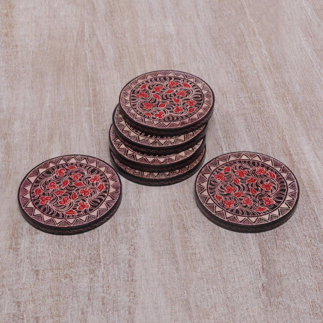 Hand Stamped Wood Batik Coasters from Java (Set of 6) - Phoenix Flowers