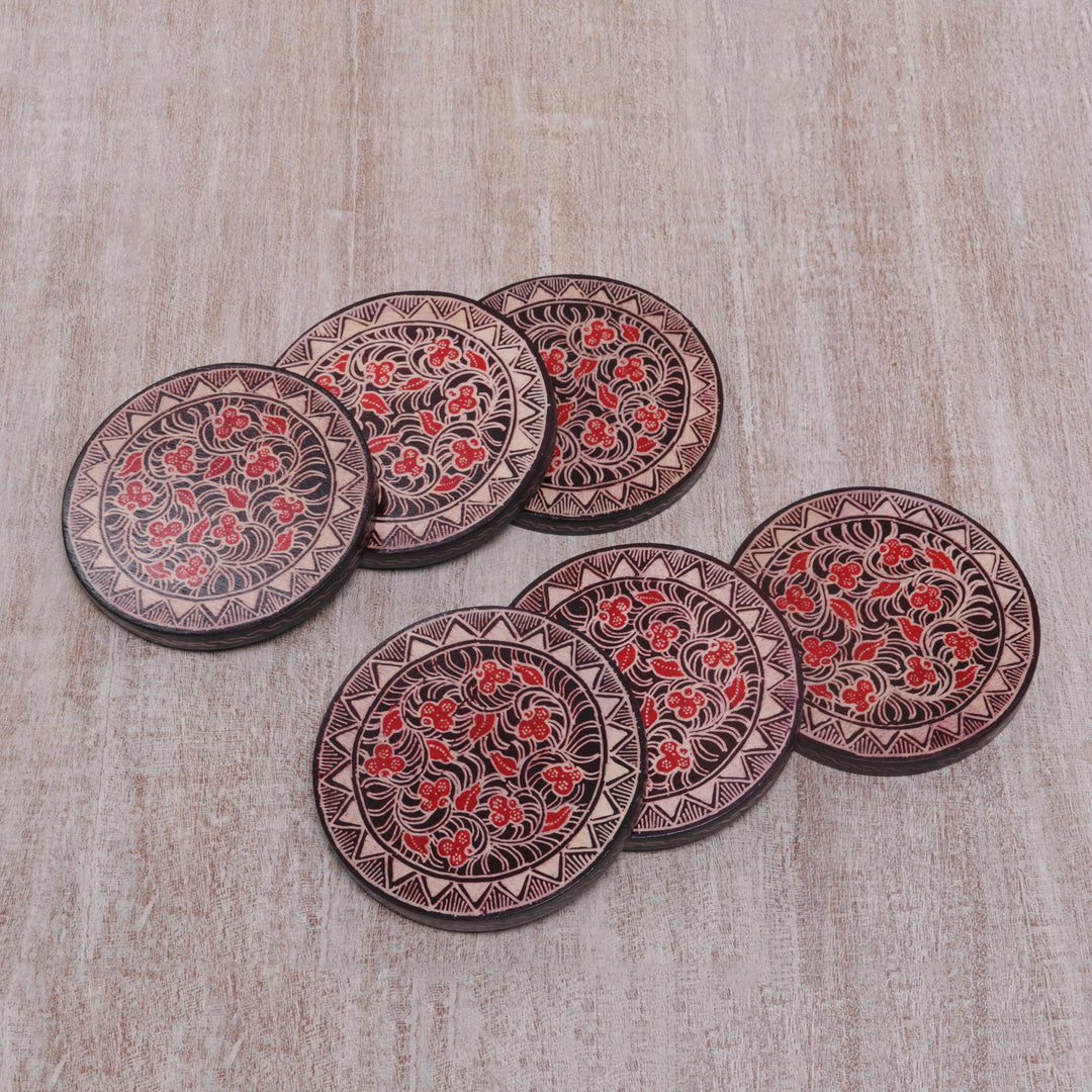 Hand Stamped Wood Batik Coasters from Java (Set of 6) - Phoenix Flowers