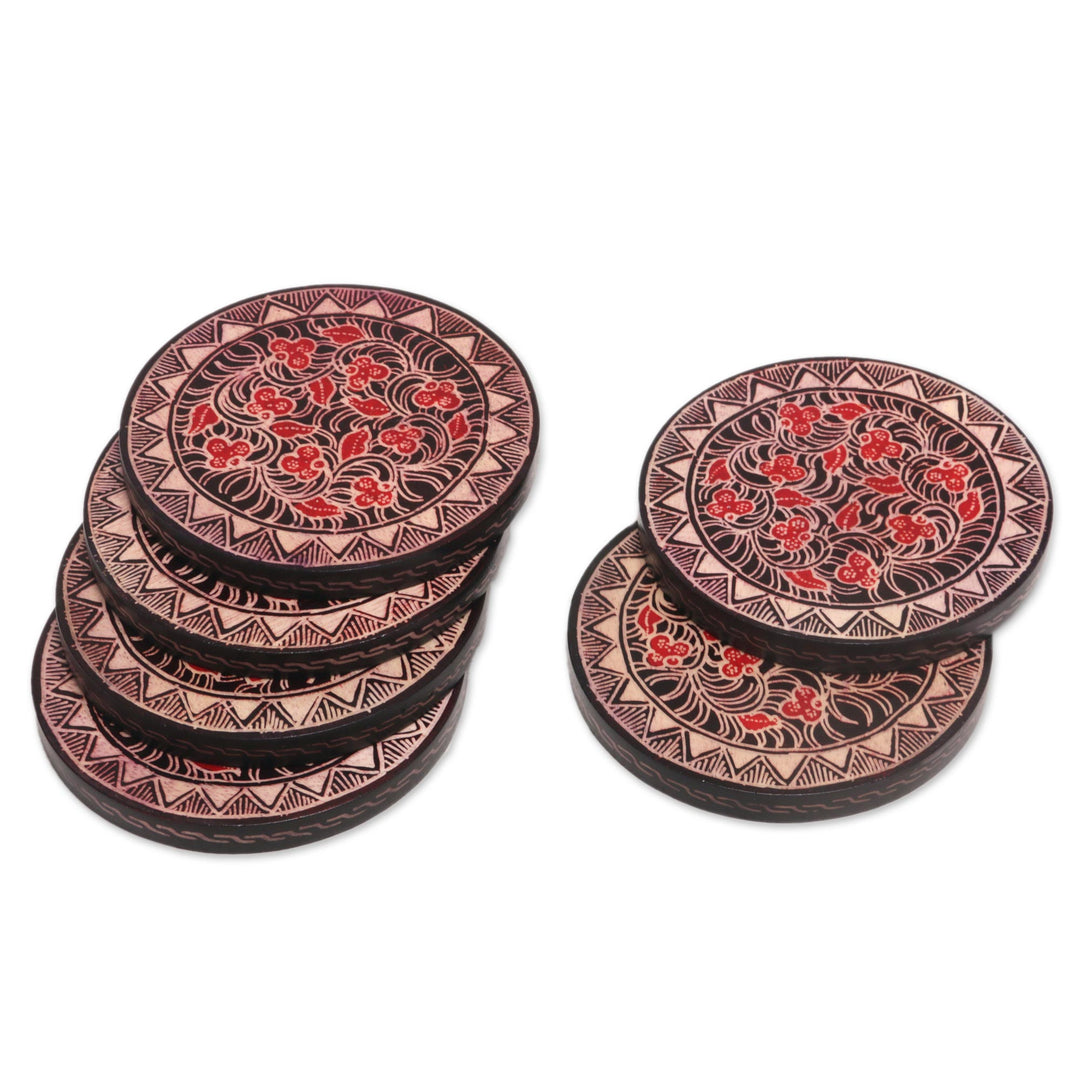 Hand Stamped Wood Batik Coasters from Java (Set of 6) - Phoenix Flowers