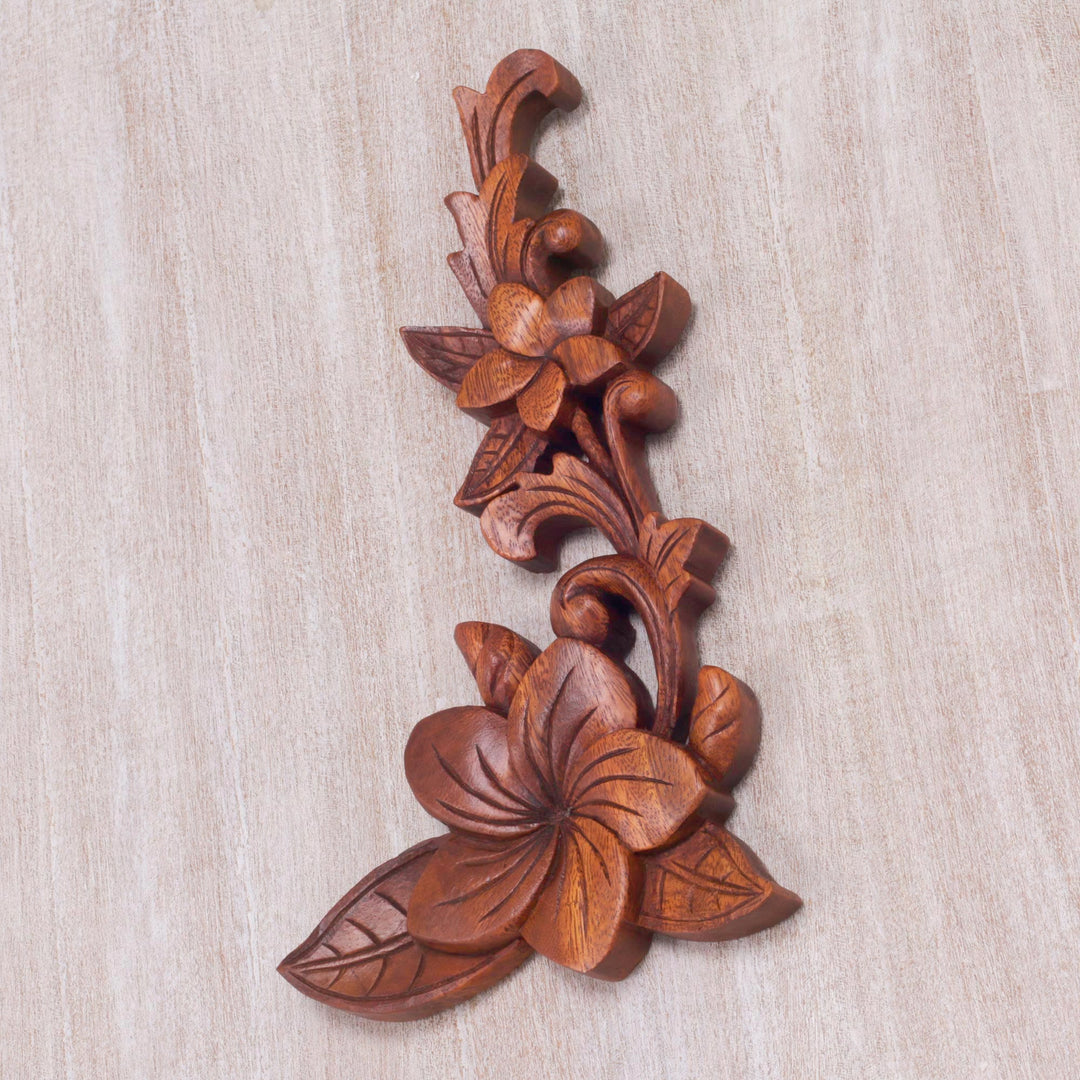 Hand Carved Suar Wood Relief Panel of Frangipani - Touch of Jepun