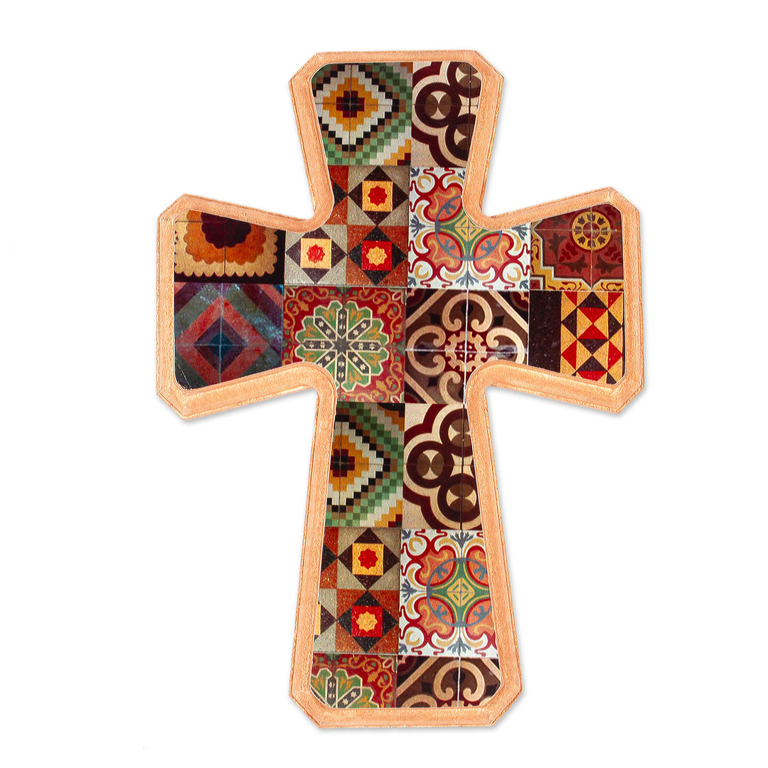 Handcrafted Decoupage Wall Cross with Puebla Tile Motifs - Puebla Heritage