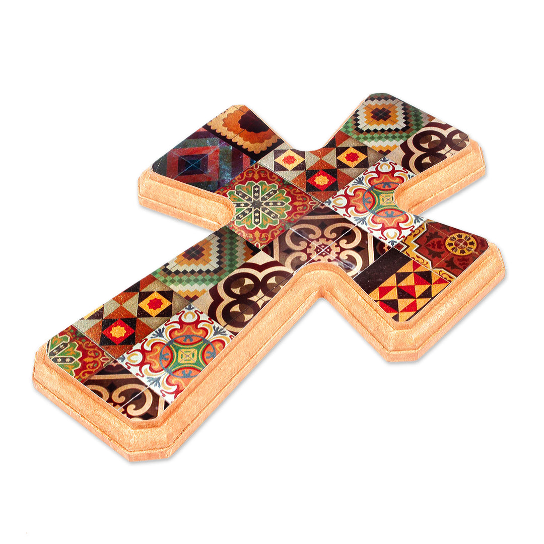 Handcrafted Decoupage Wall Cross with Puebla Tile Motifs - Puebla Heritage