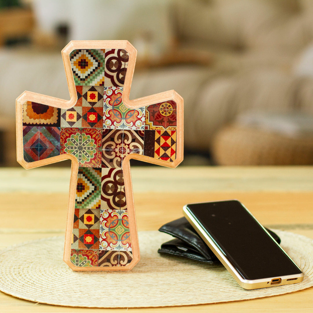 Handcrafted Decoupage Wall Cross with Puebla Tile Motifs - Puebla Heritage