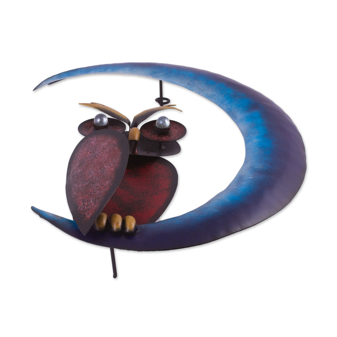Handcrafted Steel Owl and Moon Wall Sculpture from Mexico - Owl on the Moon