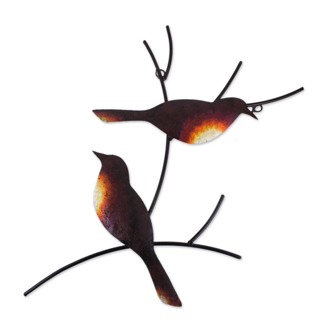 Handmade Metal Wall Art of Birds on Branches - Pair of Sparrows