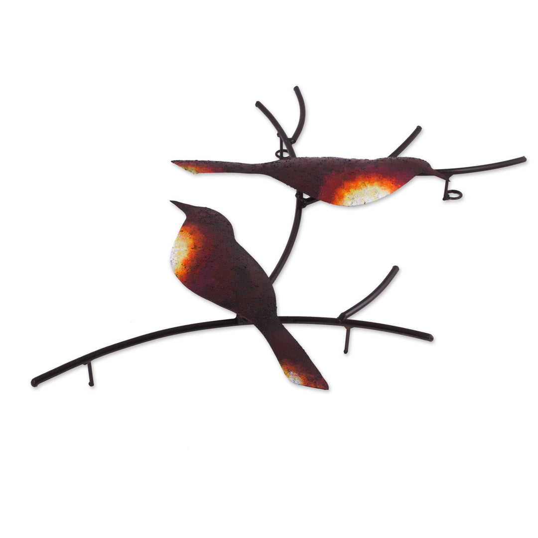 Handmade Metal Wall Art of Birds on Branches - Pair of Sparrows