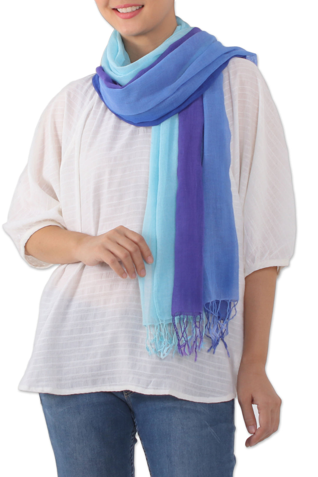 Striped Cotton Wrap Scarves in Blue from Thailand (Pair) - Seaside Breeze