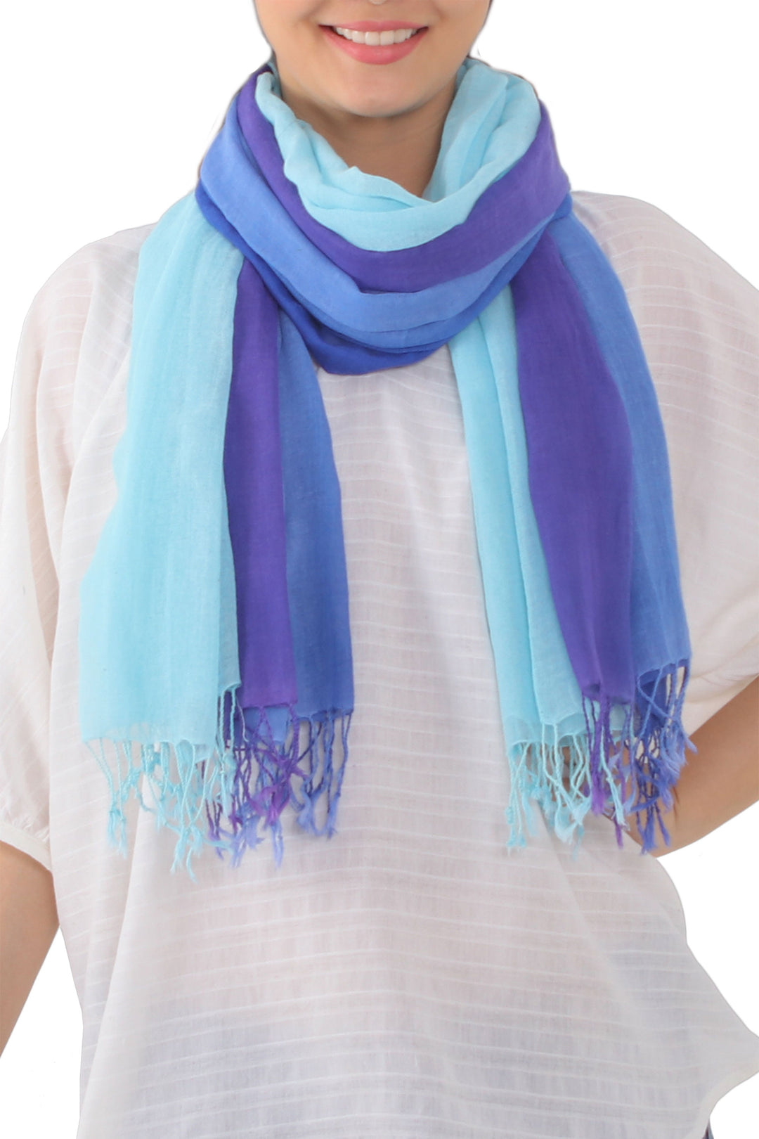 Striped Cotton Wrap Scarves in Blue from Thailand (Pair) - Seaside Breeze