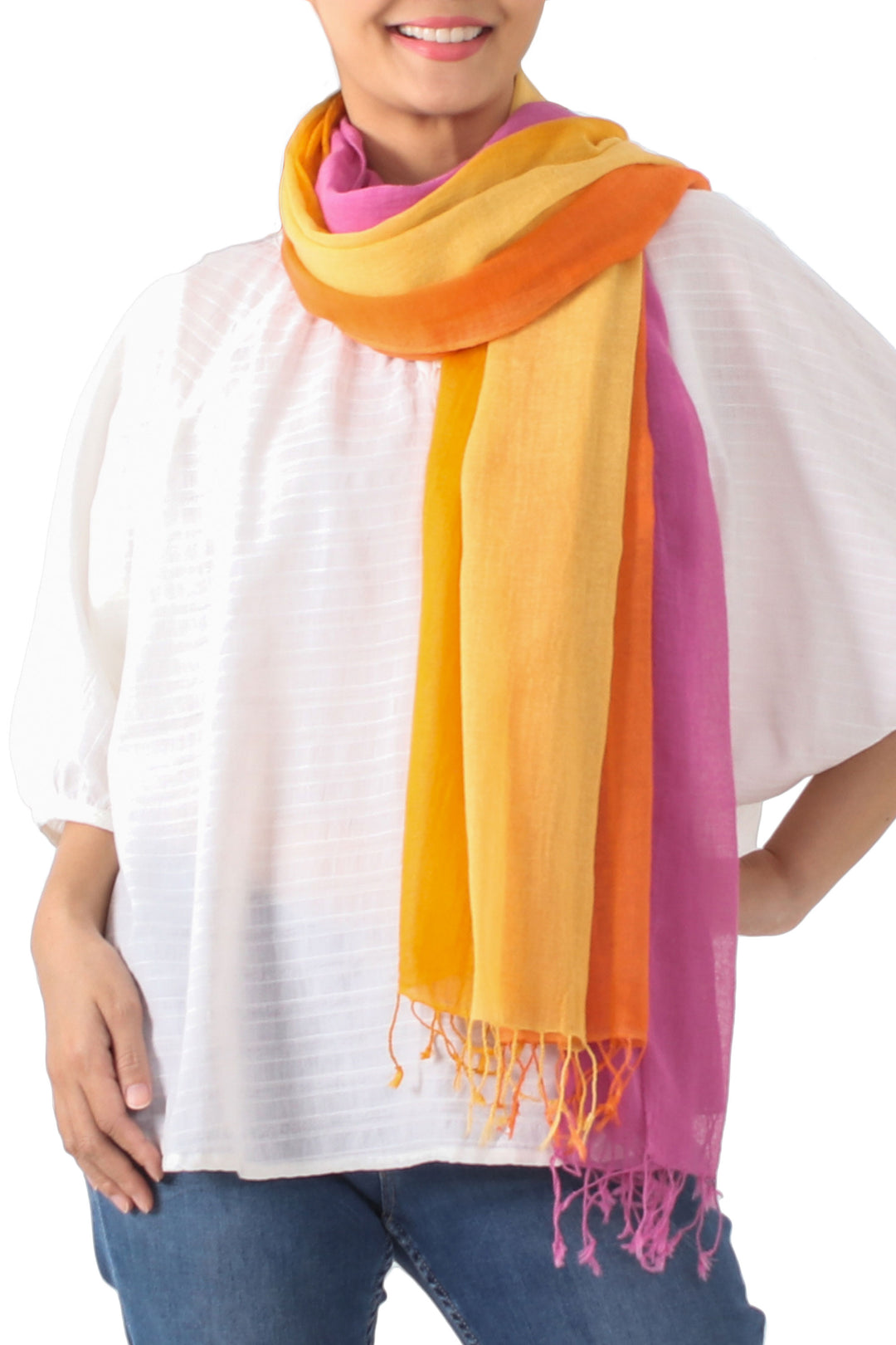Handwoven Bright Striped Cotton Wrap Scarves (Pair) - Sunrise Breeze