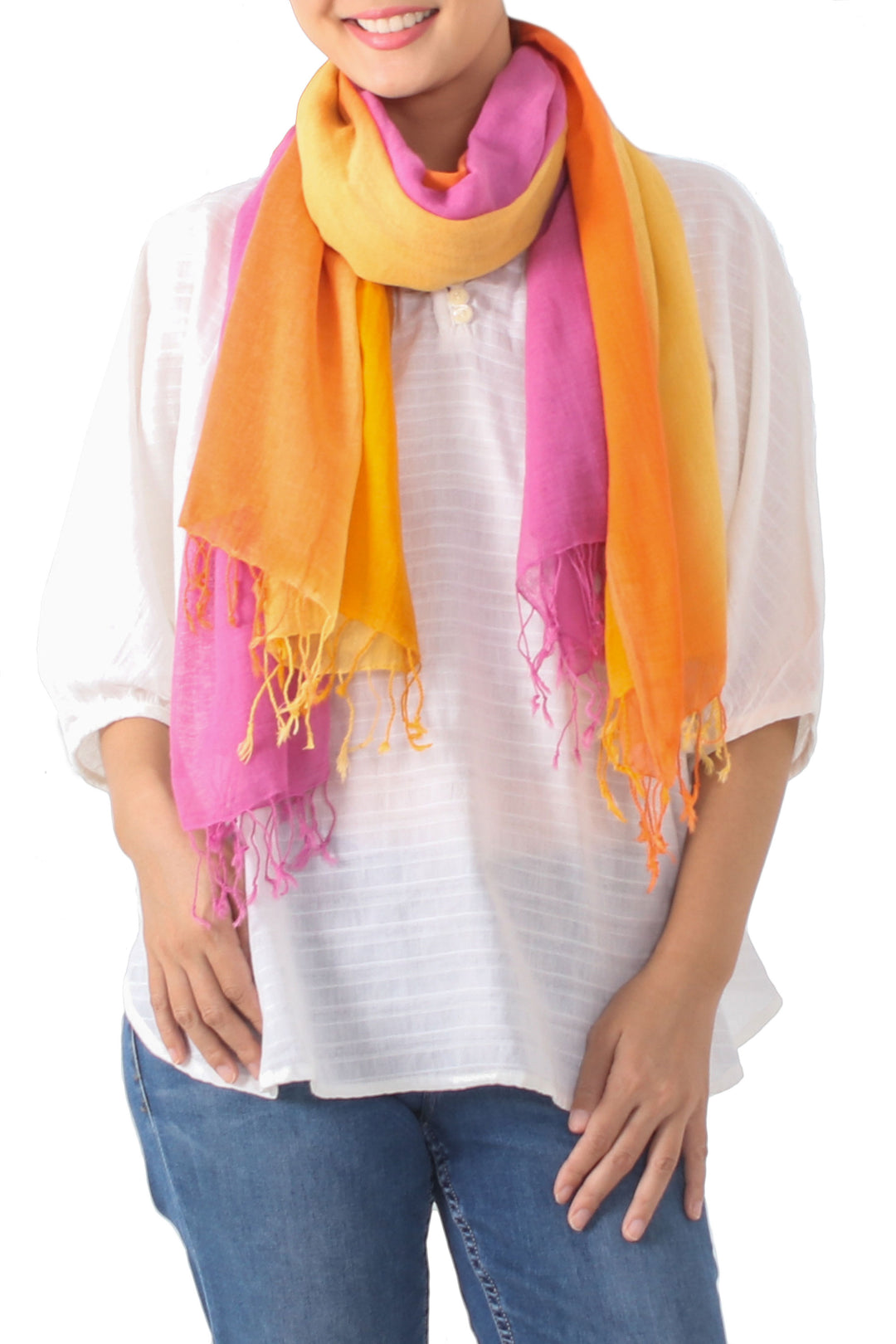 Handwoven Bright Striped Cotton Wrap Scarves (Pair) - Sunrise Breeze