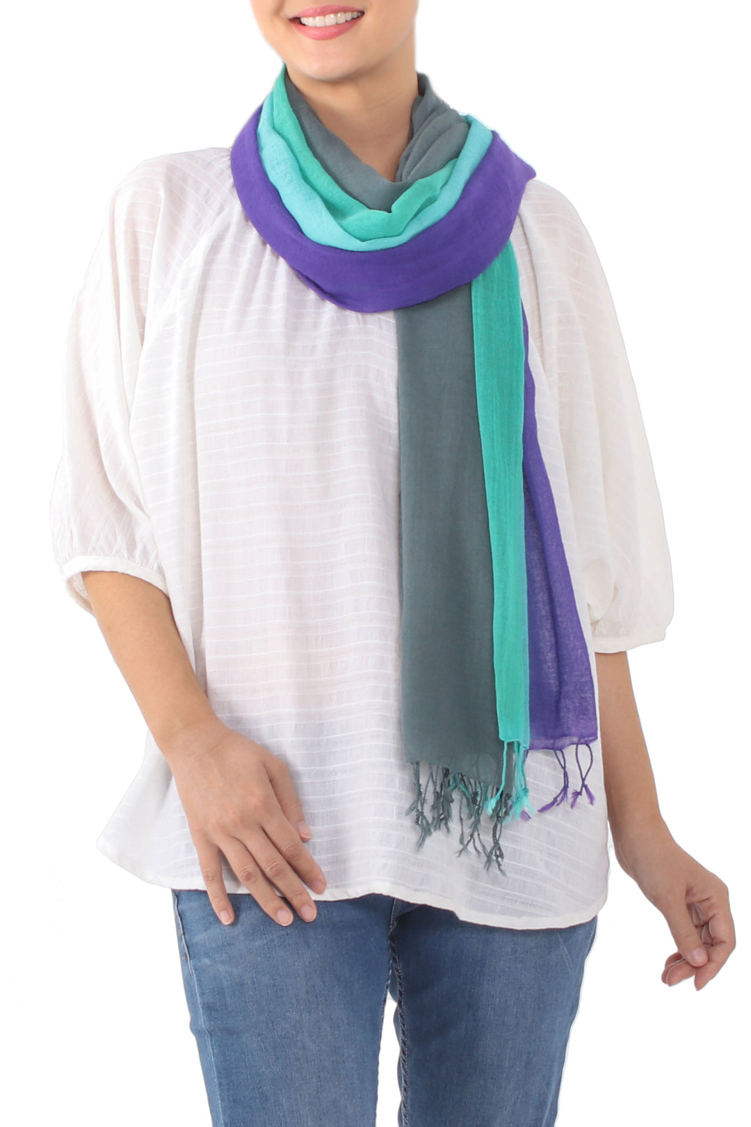 Fringed Striped Cotton Wrap Scarves from Thailand (Pair) - Meadow Breeze