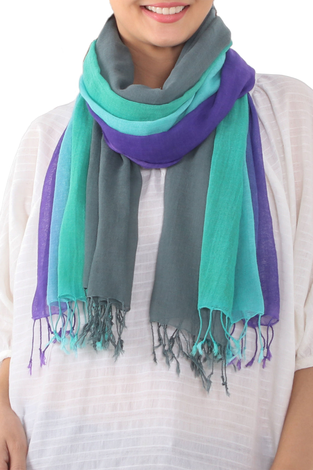Fringed Striped Cotton Wrap Scarves from Thailand (Pair) - Meadow Breeze
