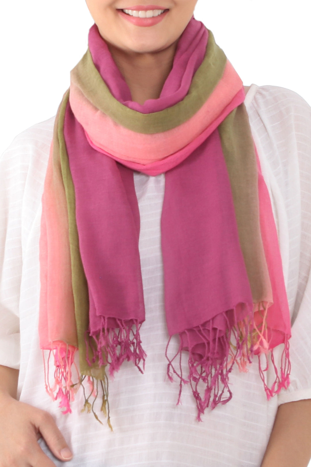 Cotton Scarves in Pink and Green from Thailand (Pair) - Grove Breeze
