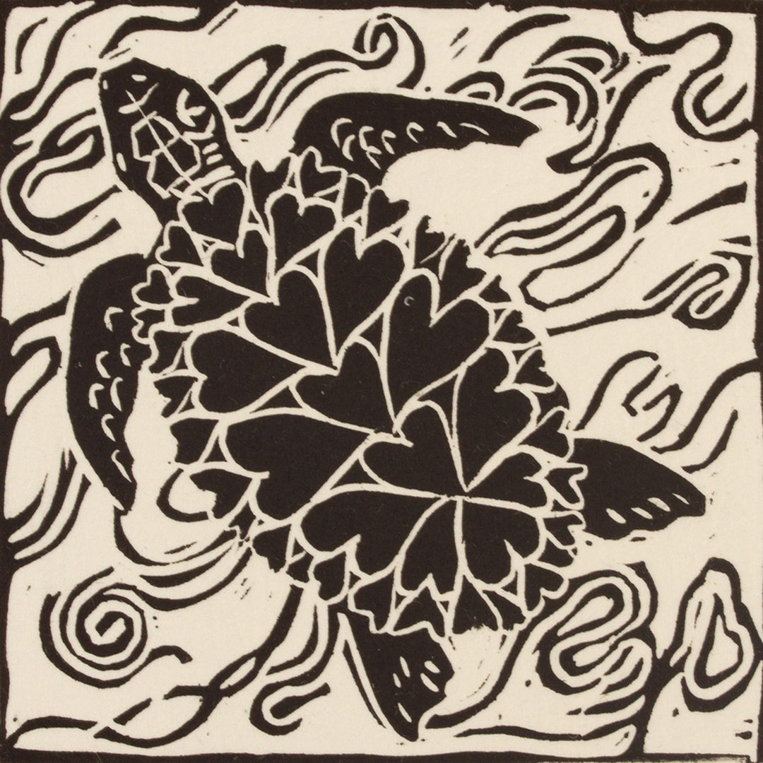 Turtle Hearts Black and White Signed Linoleum Block Print - Turtle