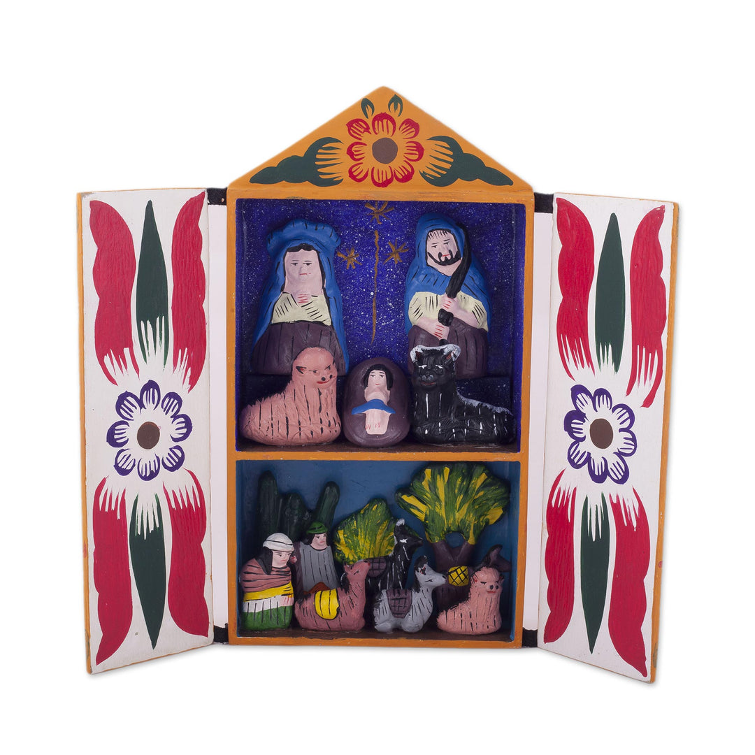 Ceramic Folk Art Religious Retablo Diorama Handmade in Peru - Llamas on Christmas Eve