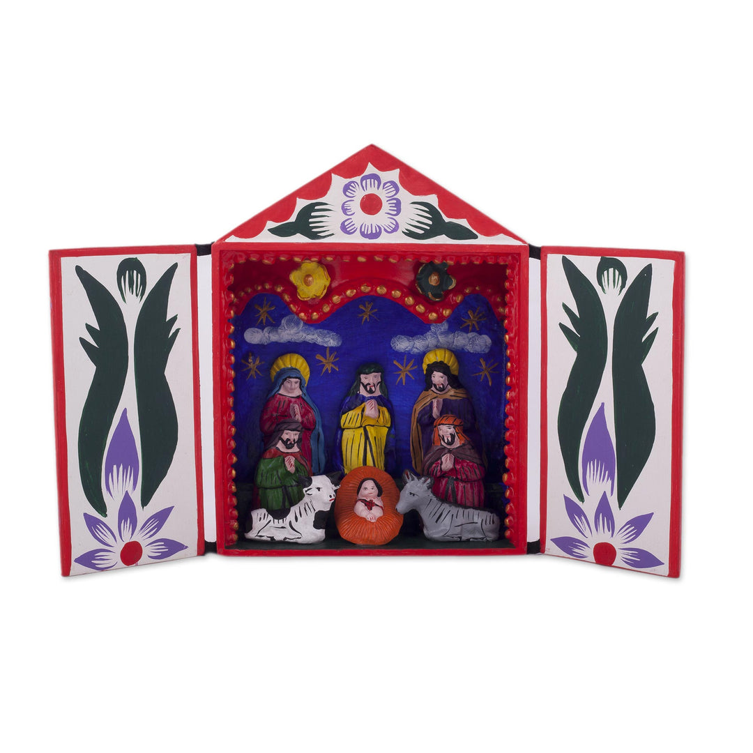 Handmade Ayacucho Ceramic Folk Art Christmas Retablo Diorama - Holy Family with the Magi