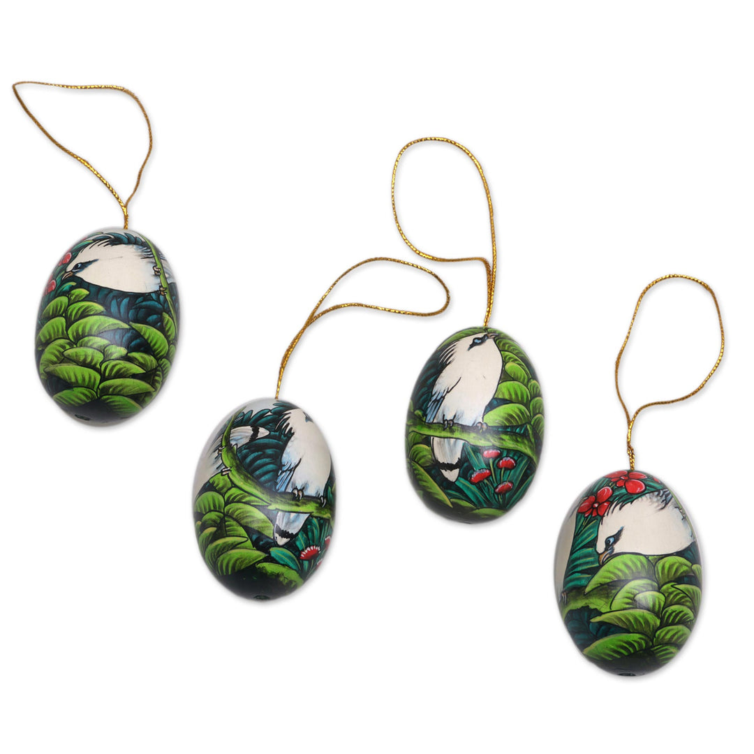 Hand-Painted Ornaments of Jalak Birds from Bali (Set of 4) - Jalak Forest