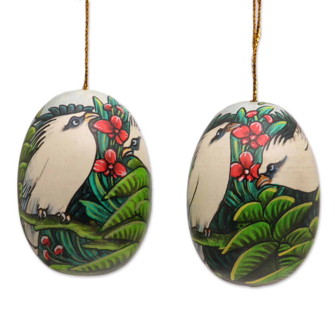 Hand-Painted Ornaments of Jalak Birds from Bali (Set of 4) - Jalak Forest
