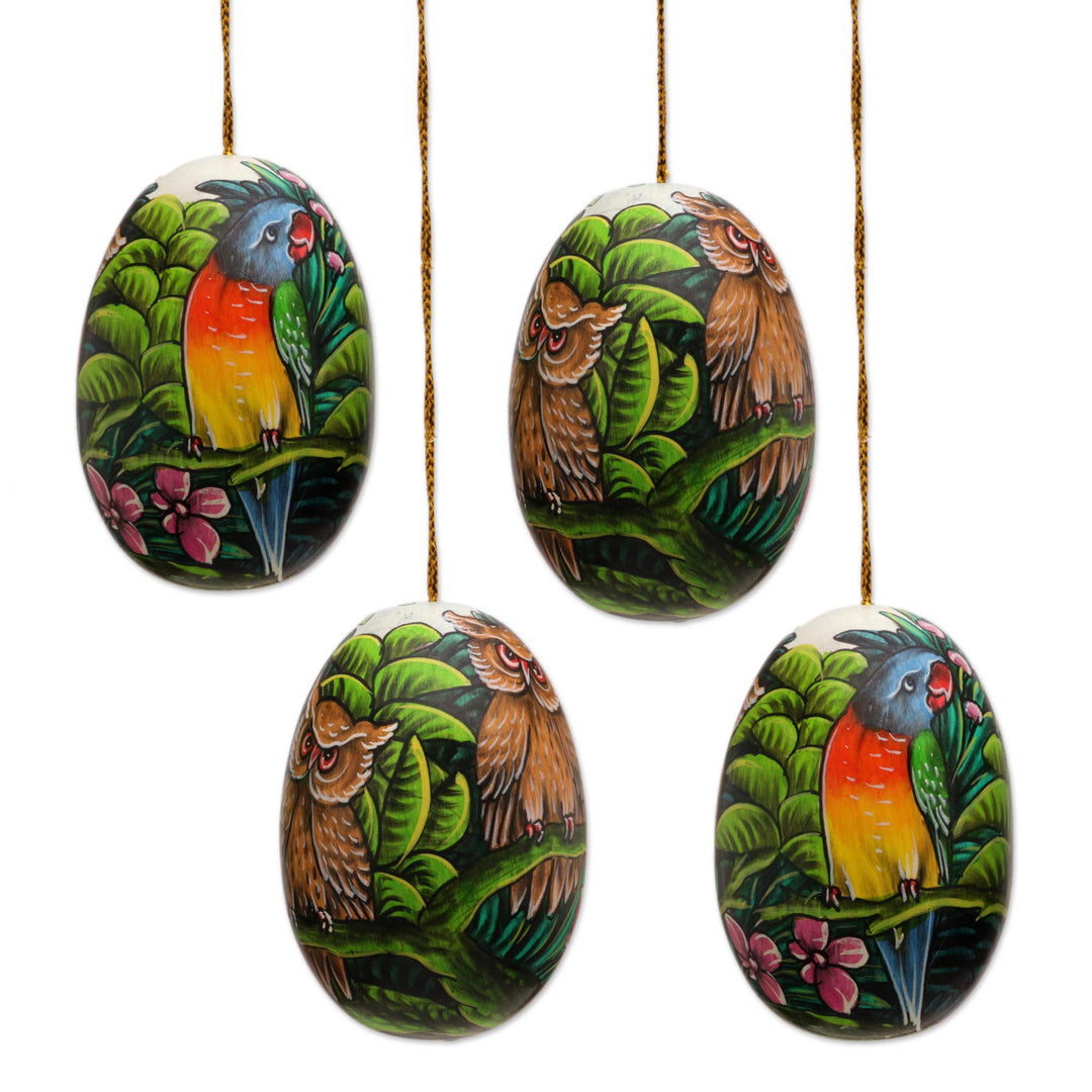 Hand-Painted Wood Ornaments of Birds (Set of 4) - Forest of Birds