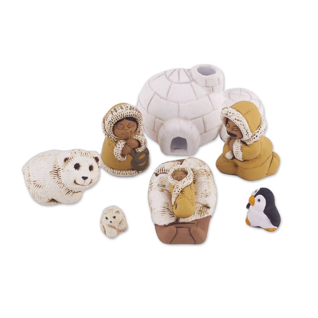 8-Piece Hand-Painted Inuit-Themed Ceramic Nativity Scene - Inuit Family