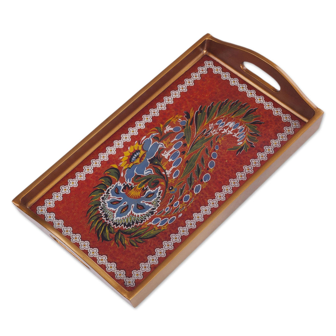 Red Floral Reverse-Painted Glass Tray from Peru - Garden Arrangement