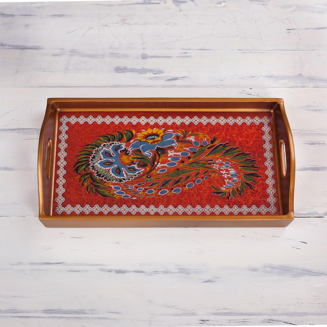 Red Floral Reverse-Painted Glass Tray from Peru - Garden Arrangement