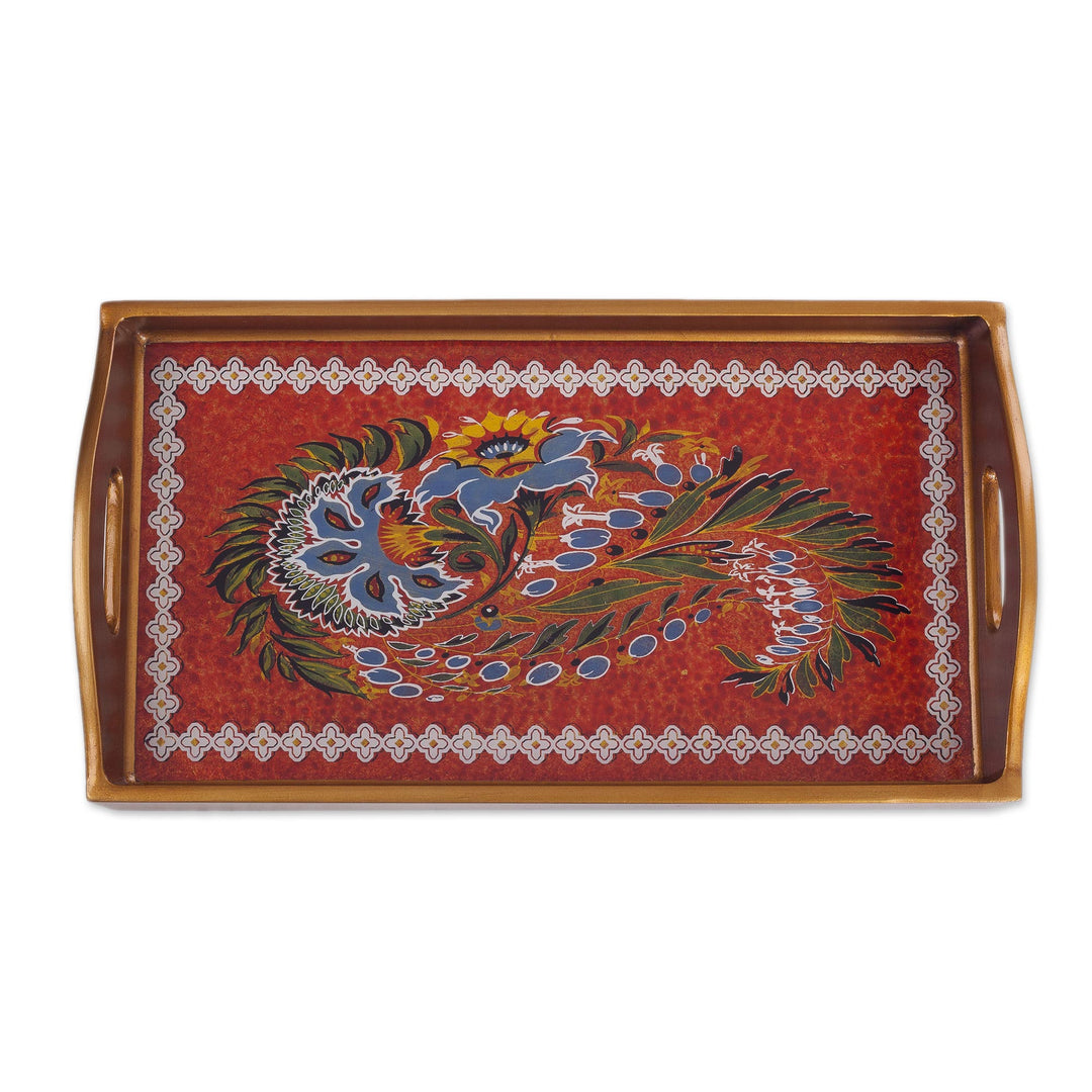 Red Floral Reverse-Painted Glass Tray from Peru - Garden Arrangement