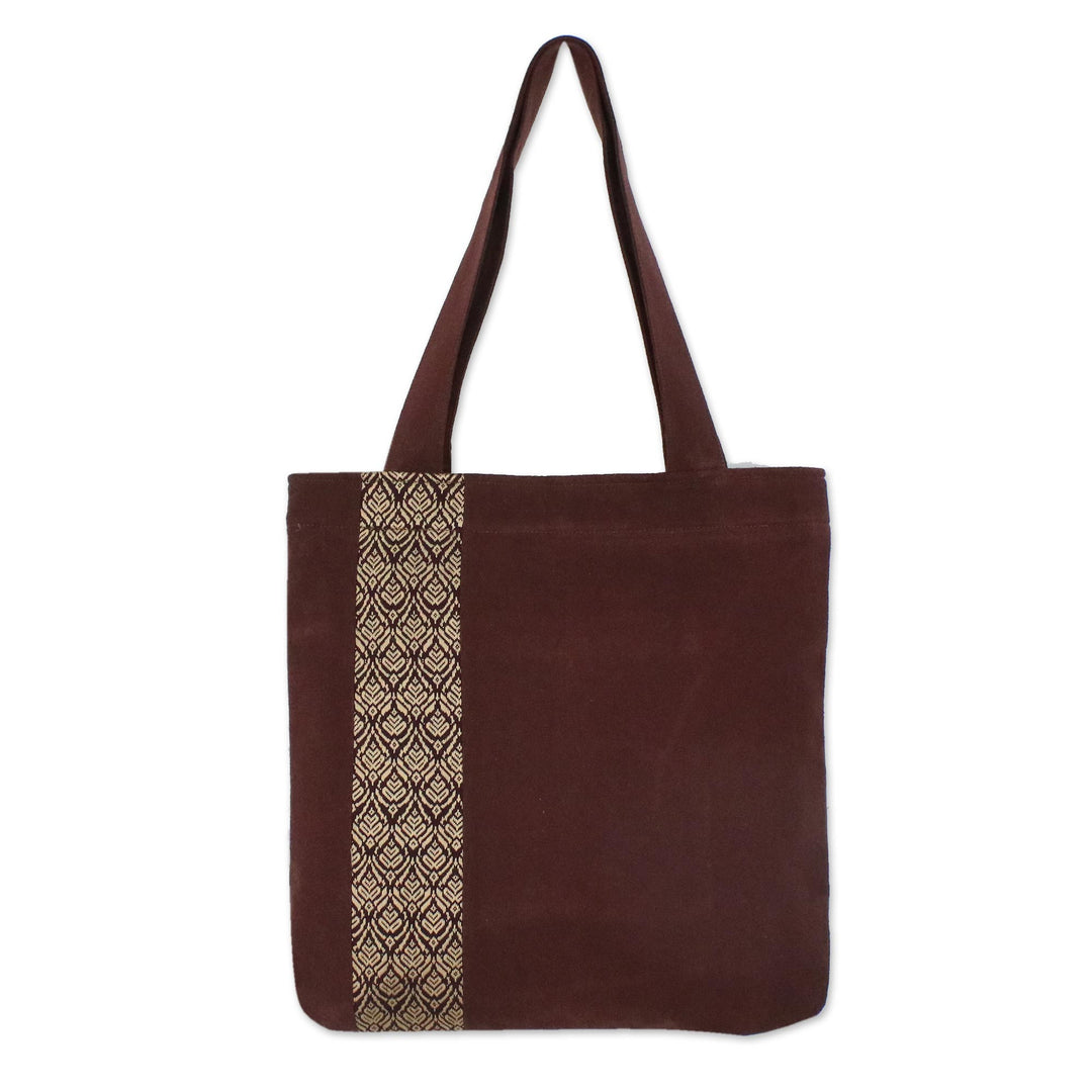 Tote Bag in Brown Cotton with Cream Embroidery - Chiang Mai Blossom