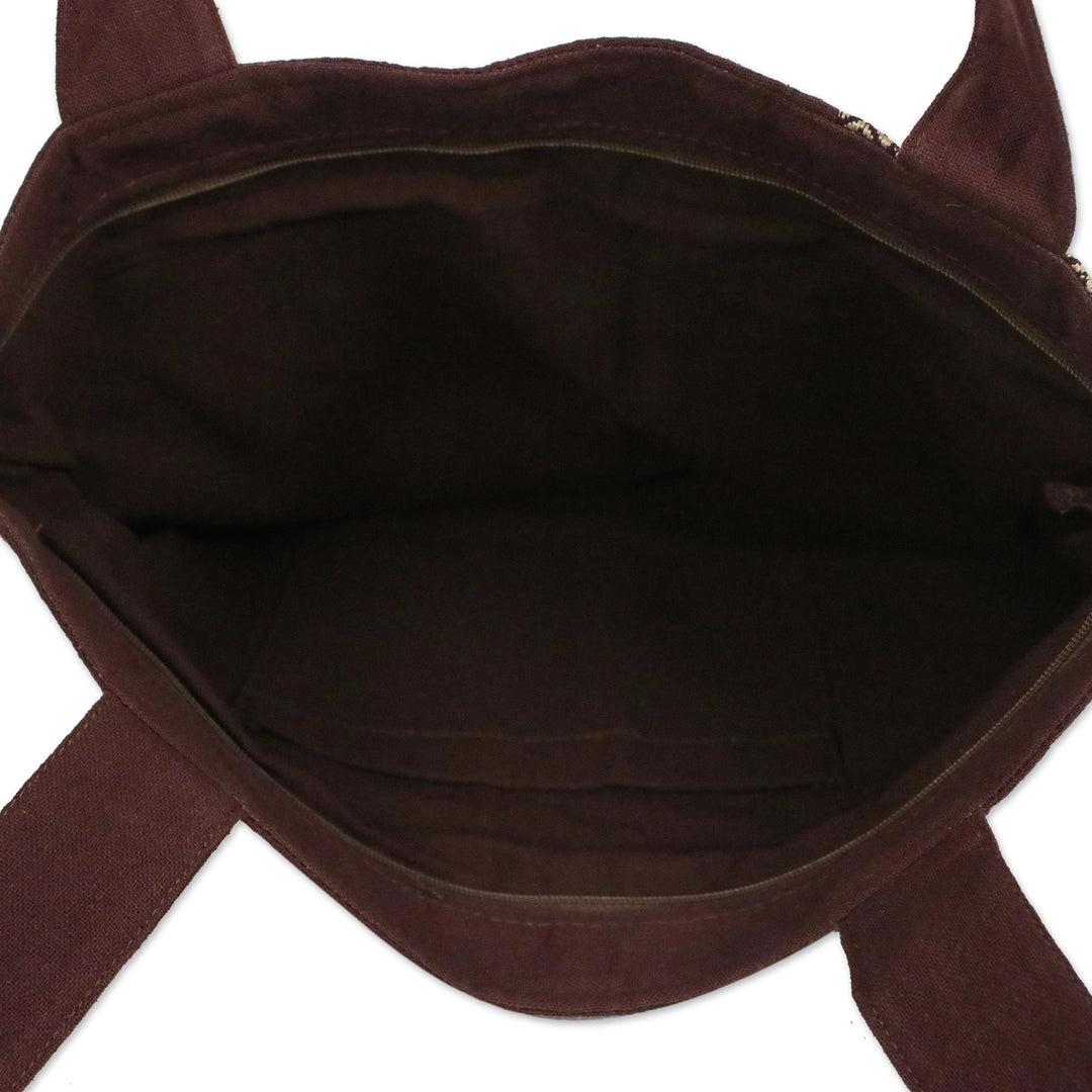 Tote Bag in Brown Cotton with Cream Embroidery - Chiang Mai Blossom