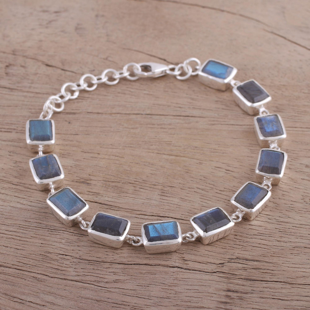 Labradorite and Sterling Silver Link Bracelet from India - Natural Rectangles