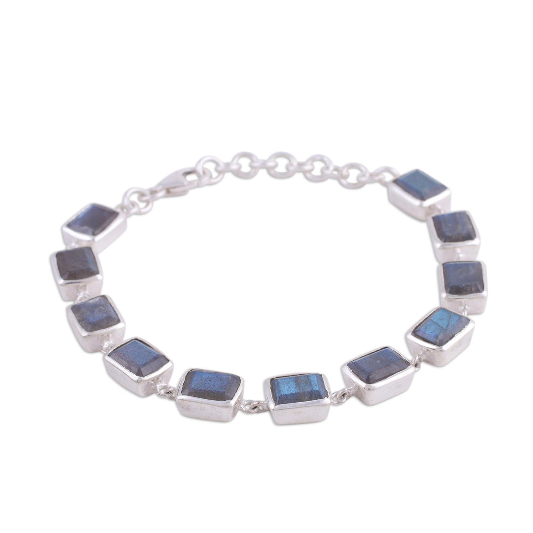 Labradorite and Sterling Silver Link Bracelet from India - Natural Rectangles