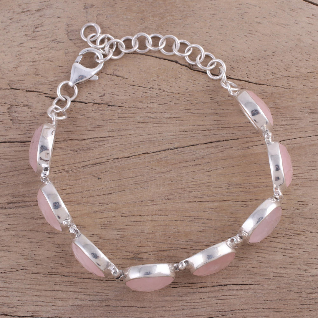 Rose Quartz and Sterling Silver Link Bracelet from India - Pink Allure