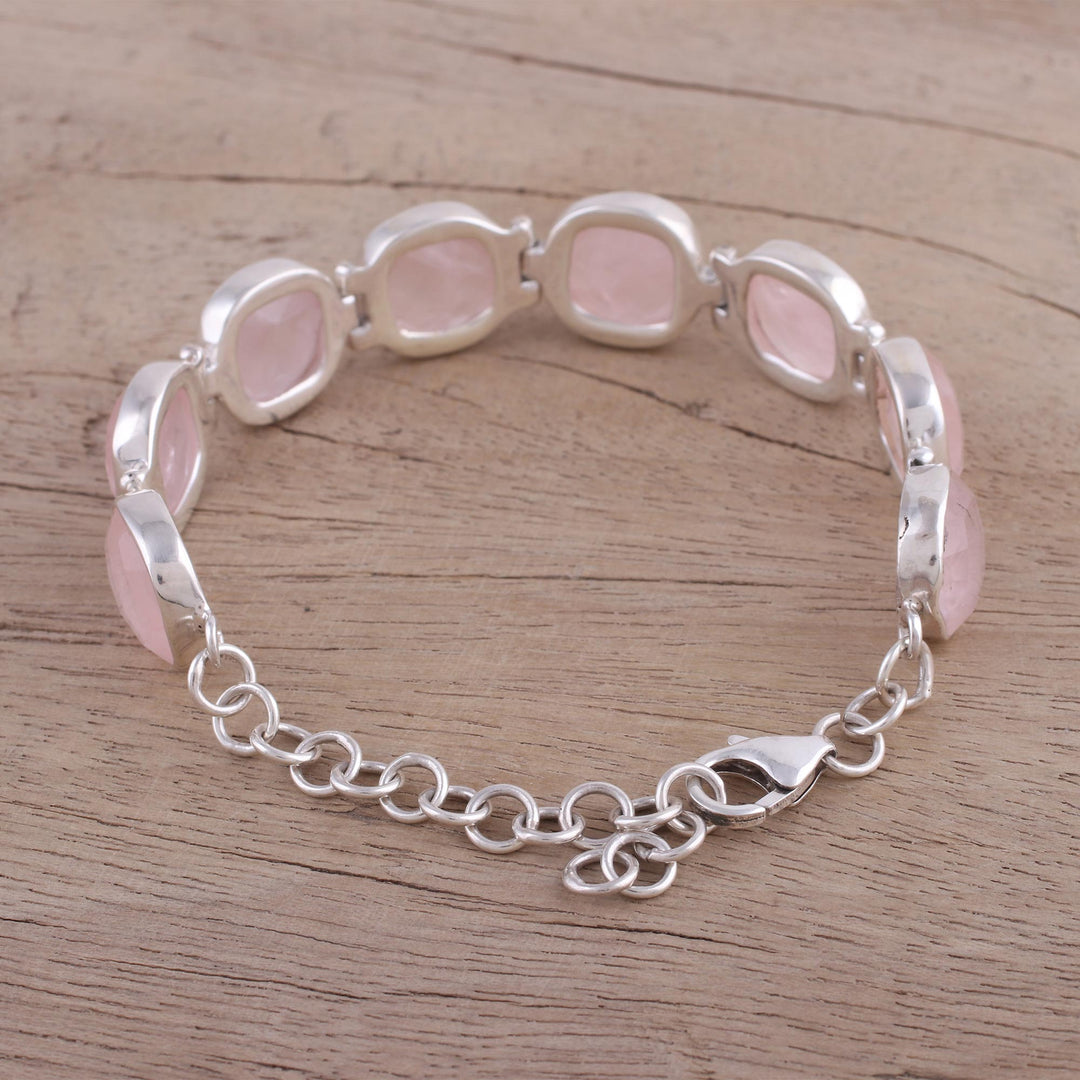 Rose Quartz and Sterling Silver Link Bracelet from India - Pink Allure