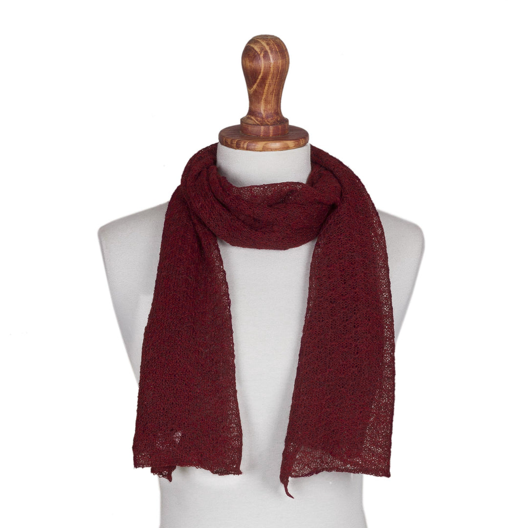 Textured 100% Baby Alpaca Wrap Scarf in Wine from Peru - Gossamer in Wine