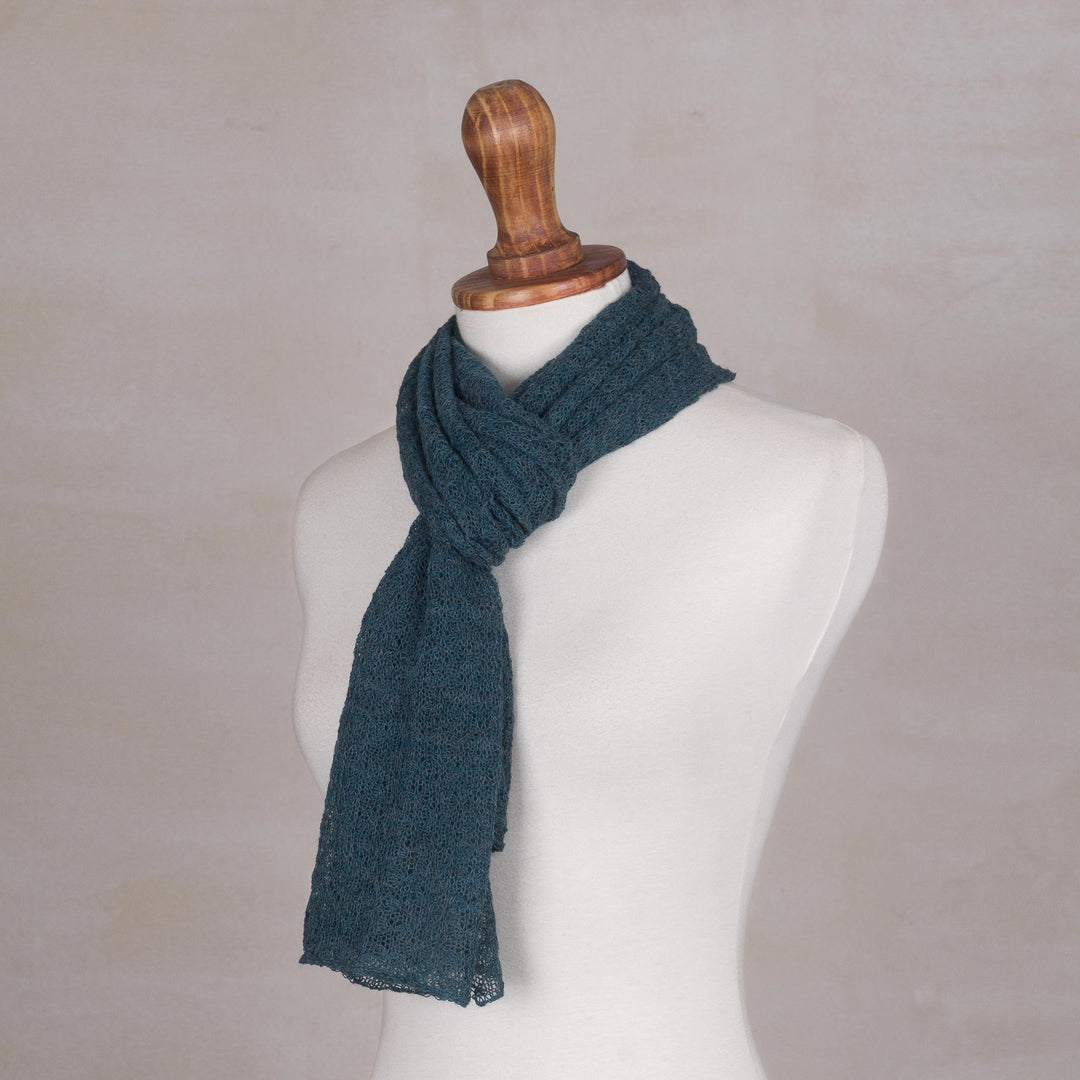 Textured 100% Baby Alpaca Wrap Scarf in Teal from Peru - Teal Gossamer