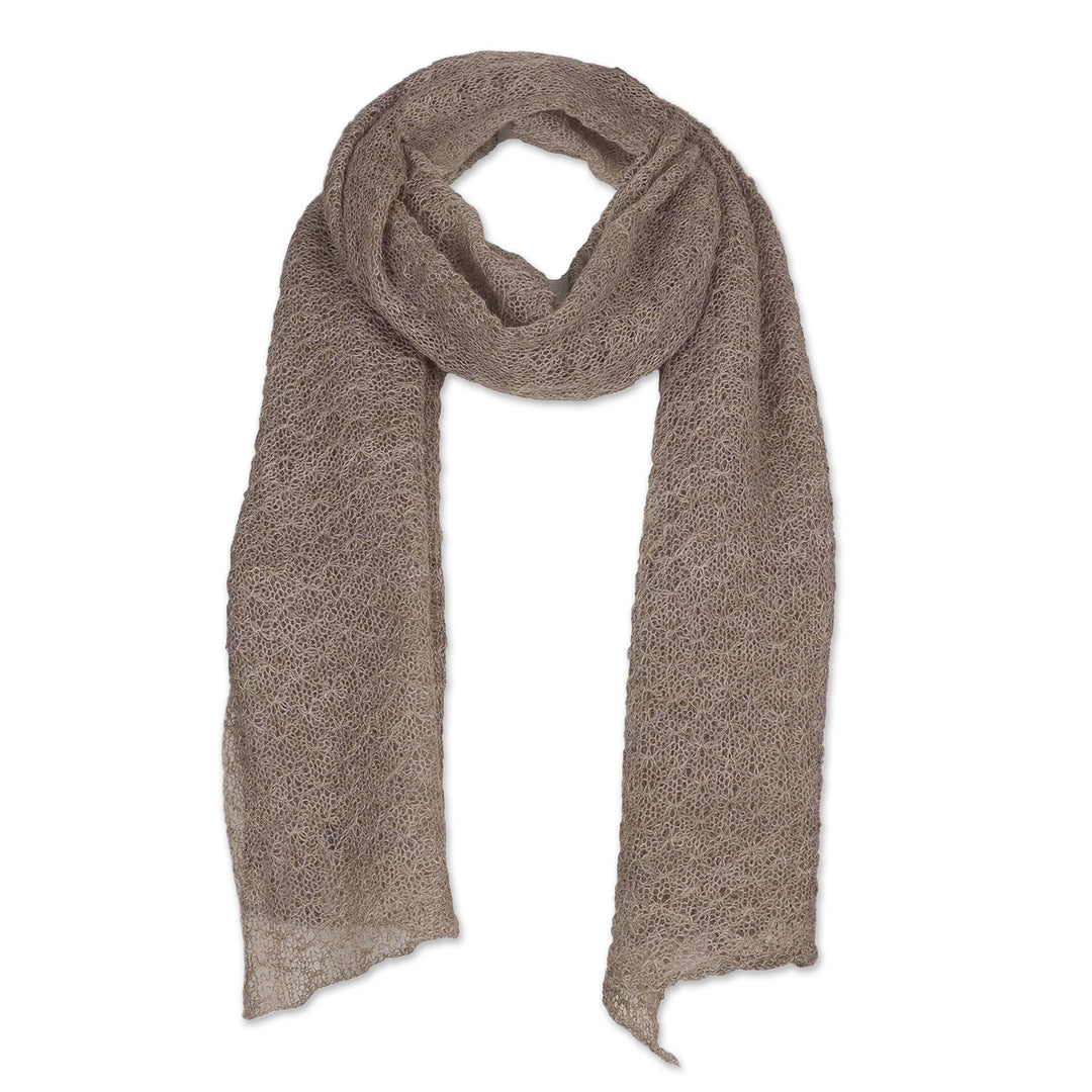 Textured 100% Baby Alpaca Wrap Scarf in Taupe from Peru - Taupe Gossamer