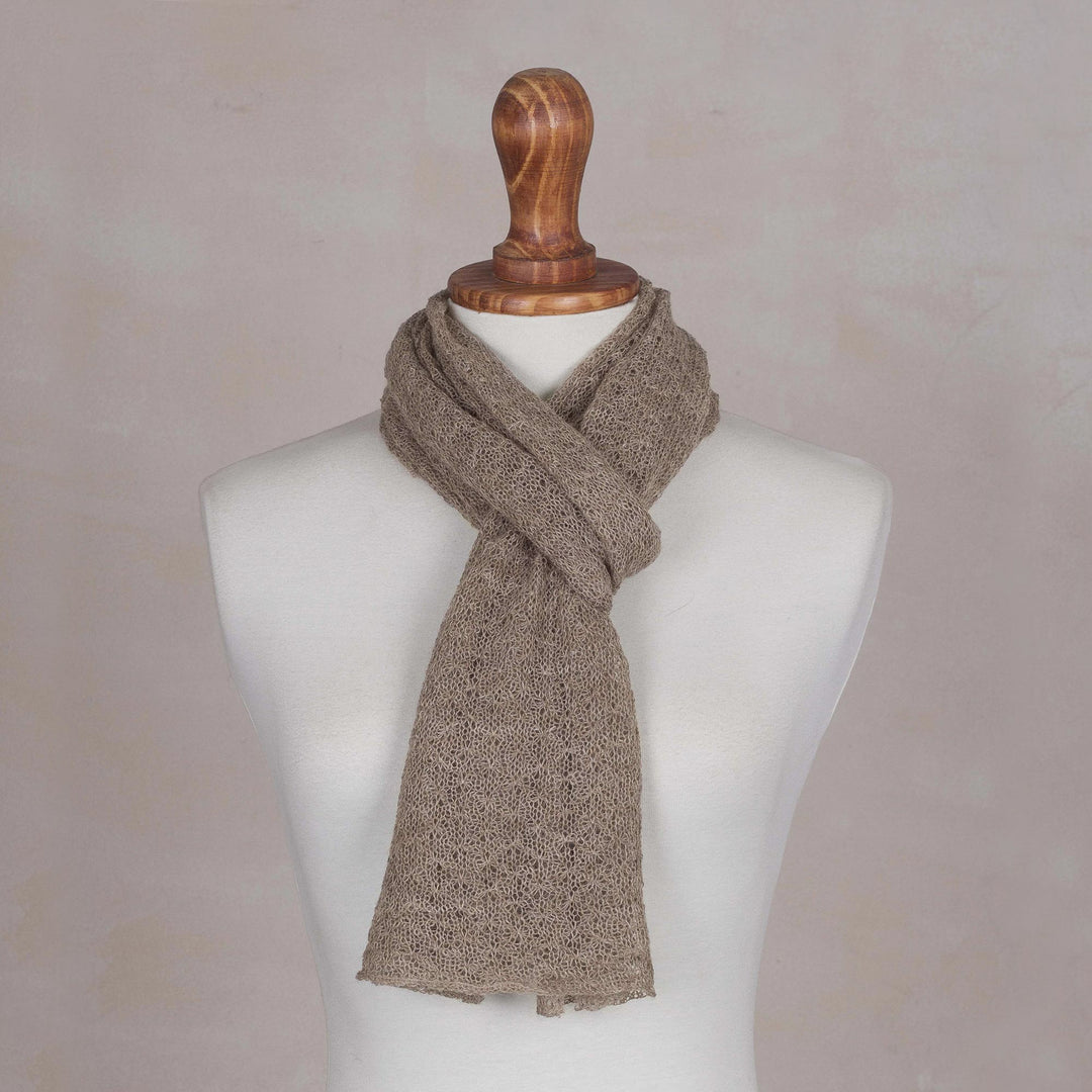 Textured 100% Baby Alpaca Wrap Scarf in Taupe from Peru - Taupe Gossamer