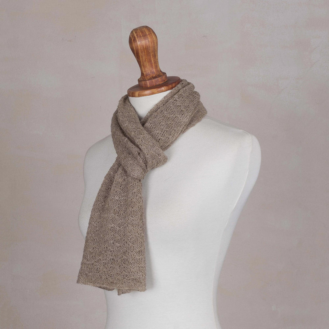 Textured 100% Baby Alpaca Wrap Scarf in Taupe from Peru - Taupe Gossamer