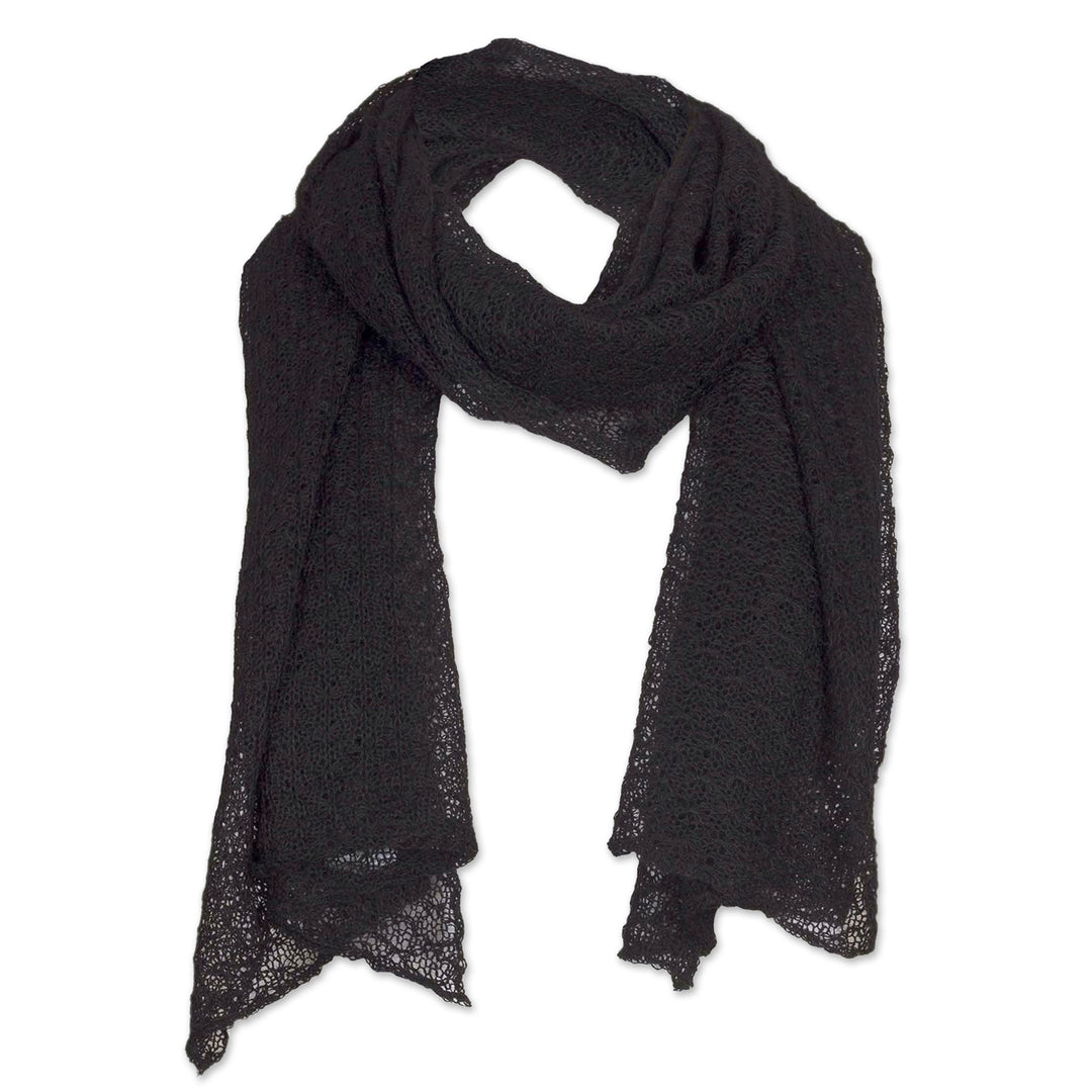Textured 100% Baby Alpaca Wrap Scarf in Black from Peru - Black Gossamer