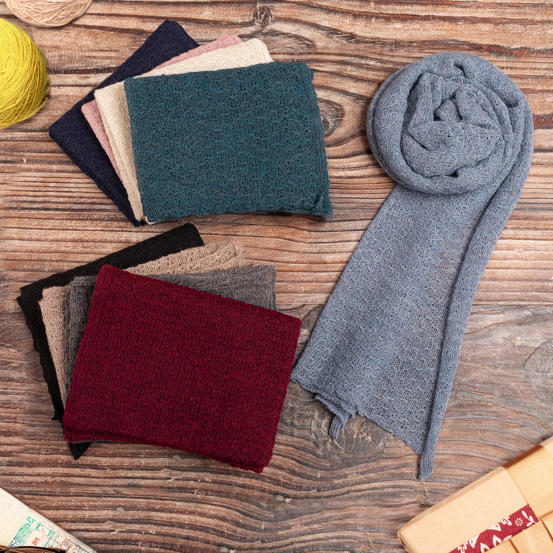 Textured 100% Baby Alpaca Wrap Scarf in Black from Peru - Black Gossamer