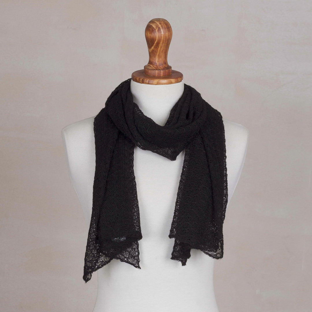 Textured 100% Baby Alpaca Wrap Scarf in Black from Peru - Black Gossamer