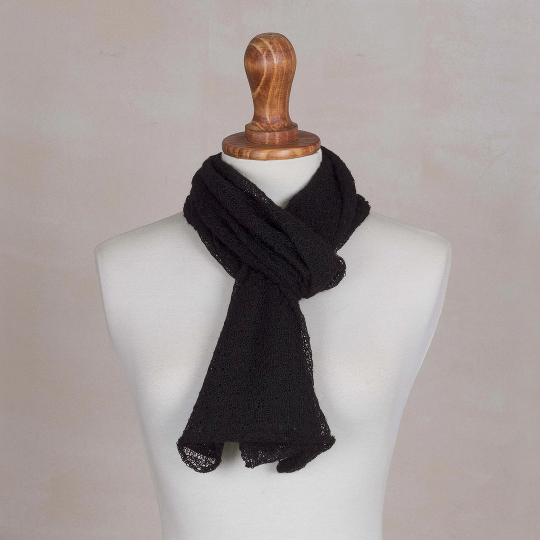 Textured 100% Baby Alpaca Wrap Scarf in Black from Peru - Black Gossamer