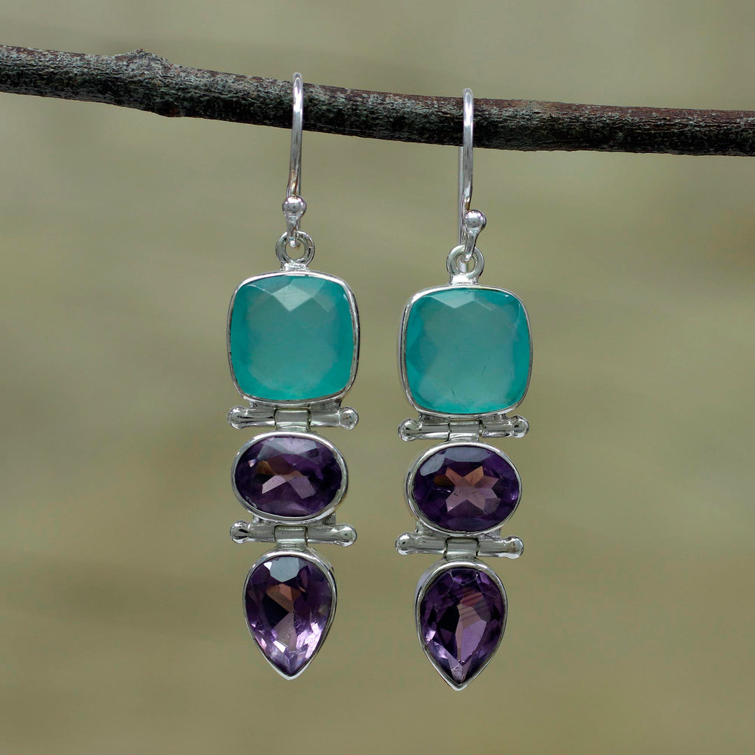 Amethyst and Chalcedony Dangle Earrings from India - Glittering Muse